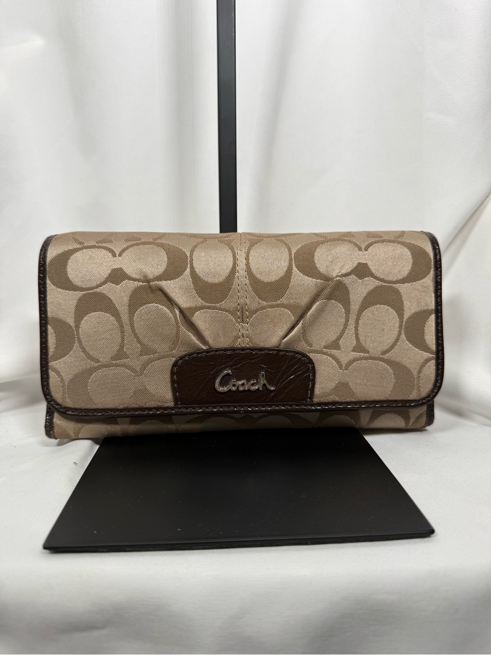 Coach Beige Signature Canvas Continental Wallet with Brown Trim